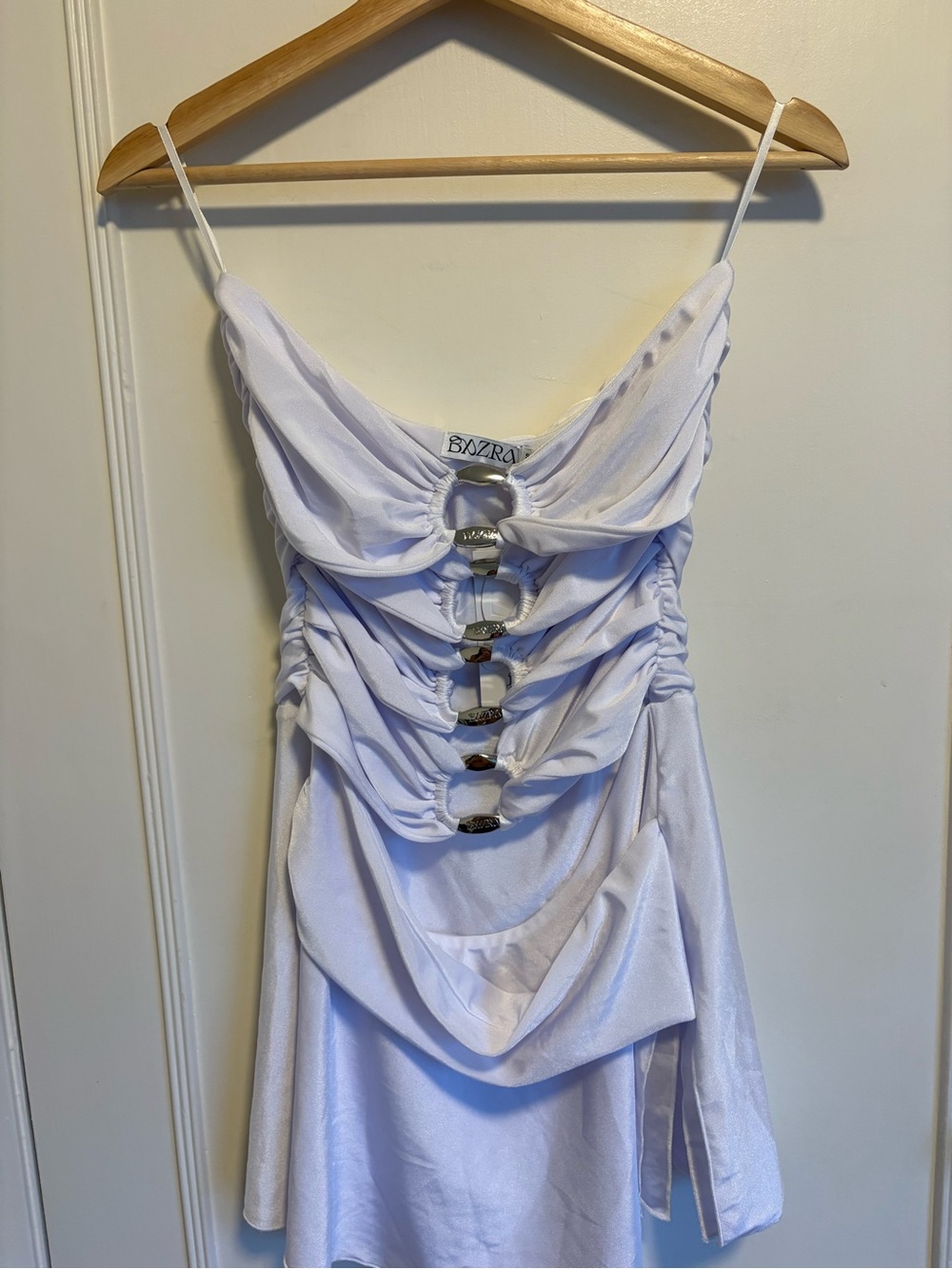 White Ruched Strap Mini Dress with Metal Rings